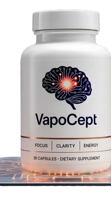 White VapoCept bottle with a circuit-style brain emblem, labeled 30 capsules, as pictured on seller pages
